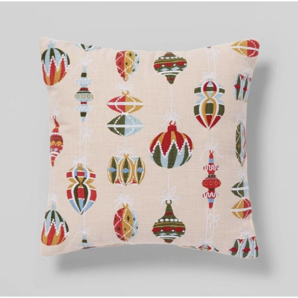 Threshold Embroidered Ornament Square Christmas Throw Pillow Blush Colorful 18in